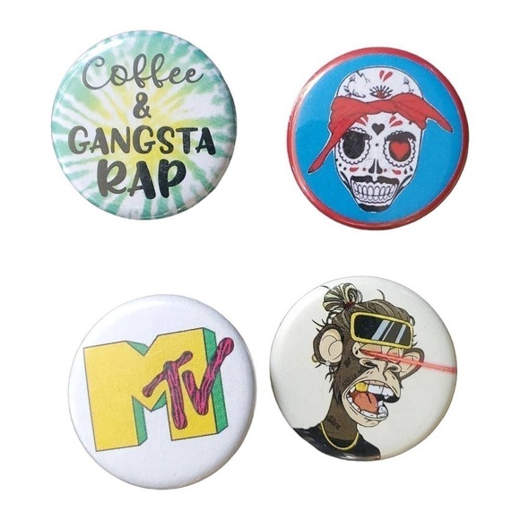 MTV Coffee & Gangsta Rap Button Pins Character Novelty Design Lot of 4 - Picture 1 of 3